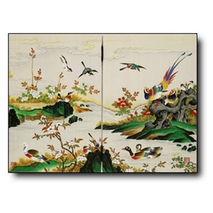 민화 화조도 2폭 병풍 다섯번째 58 x 43cm 한국전통화 동양화 그림액자